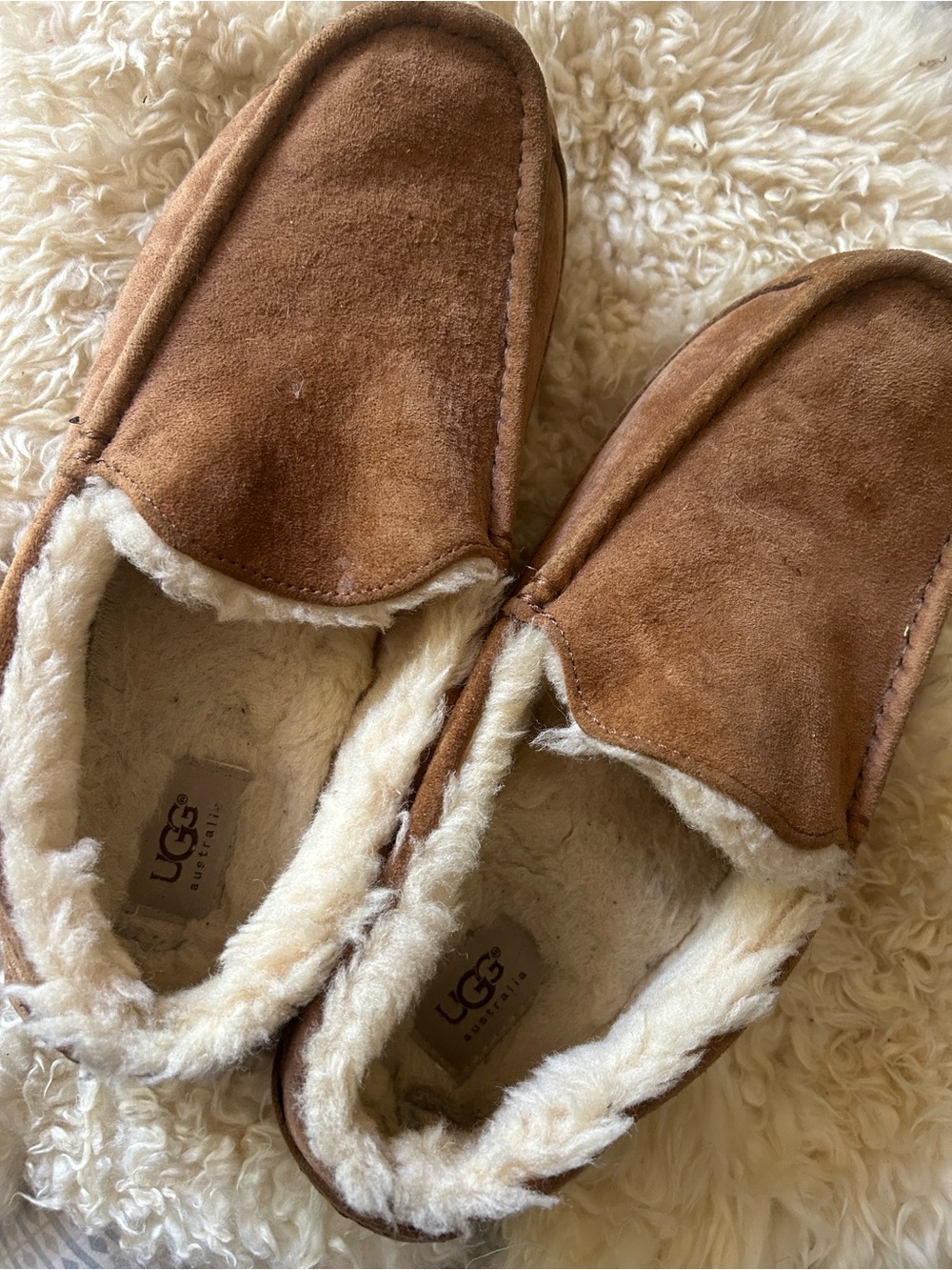 UGG men’s Chestnut Brown Suede Shearling Slip-On Slippers